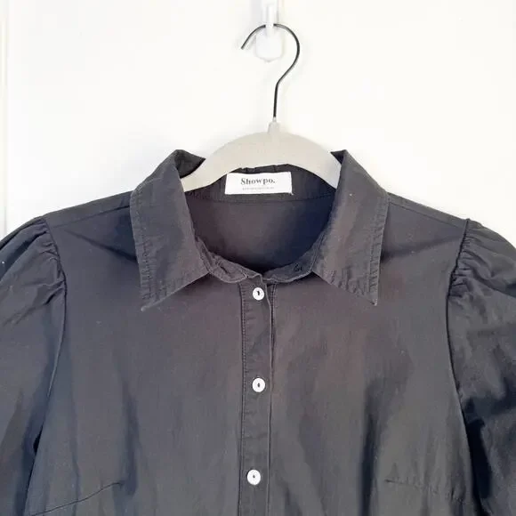Showpo Collared Button Down Mini Shirt Dress Classic Black Ruffle Hemline Size 2 - Picture 3 of 11